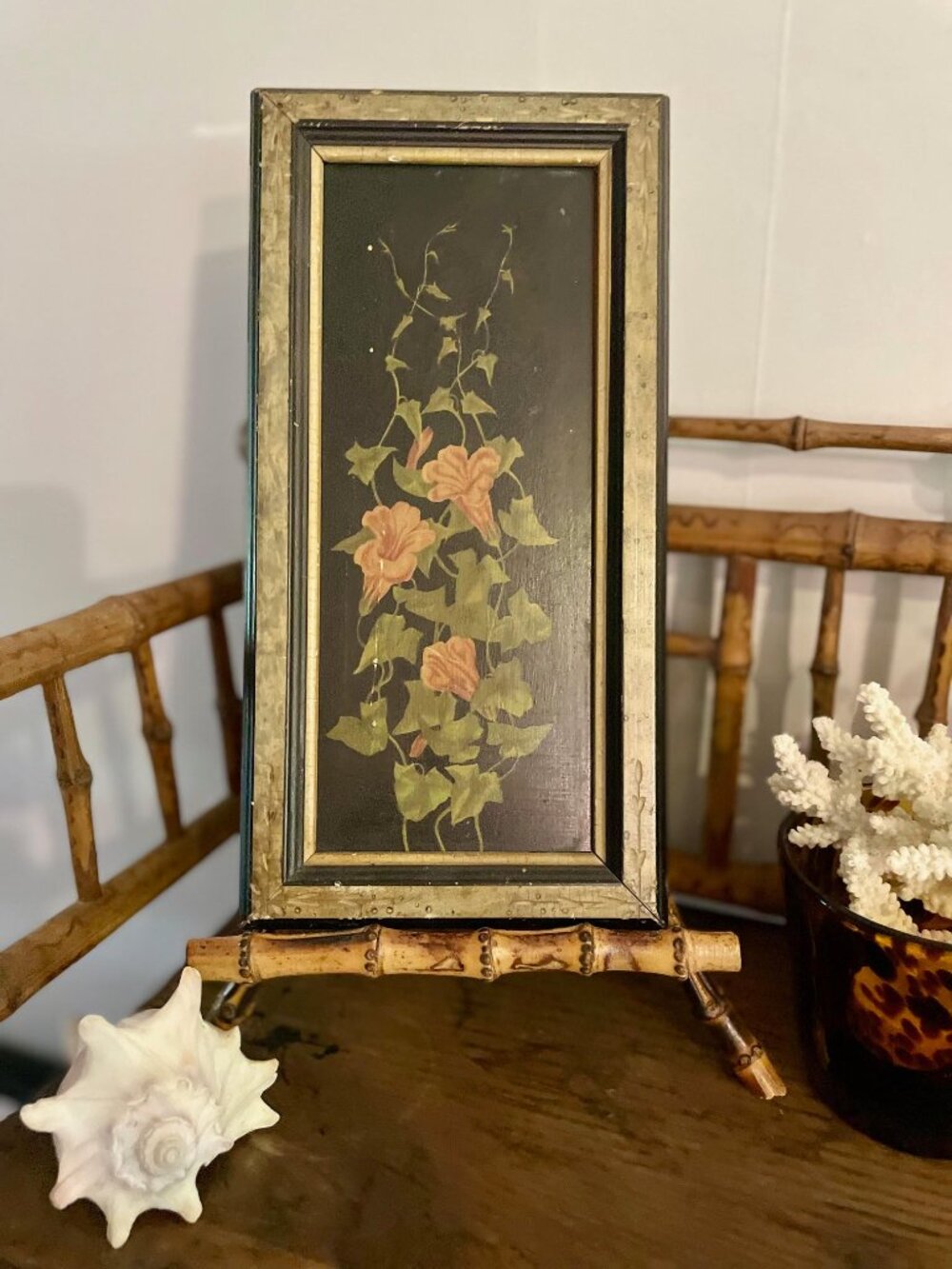 Vintage Floral Art – Ornate Gold Black Frame, Moody Botanical Wall Hanging